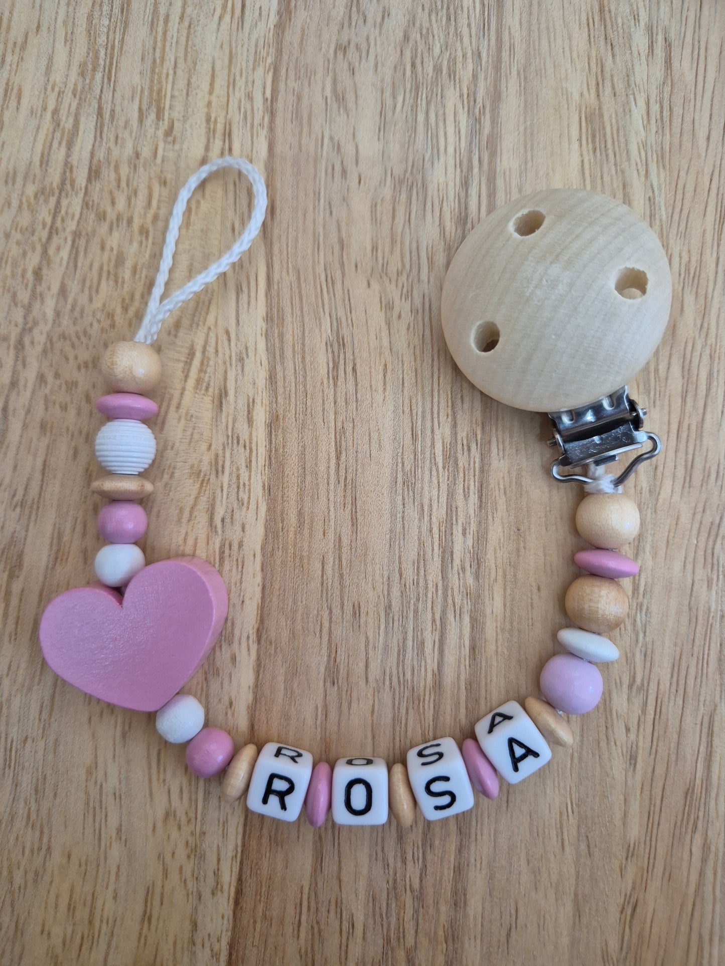 Handgemachte Schnullerkette Herz (Rosa, Blau, Gelb)