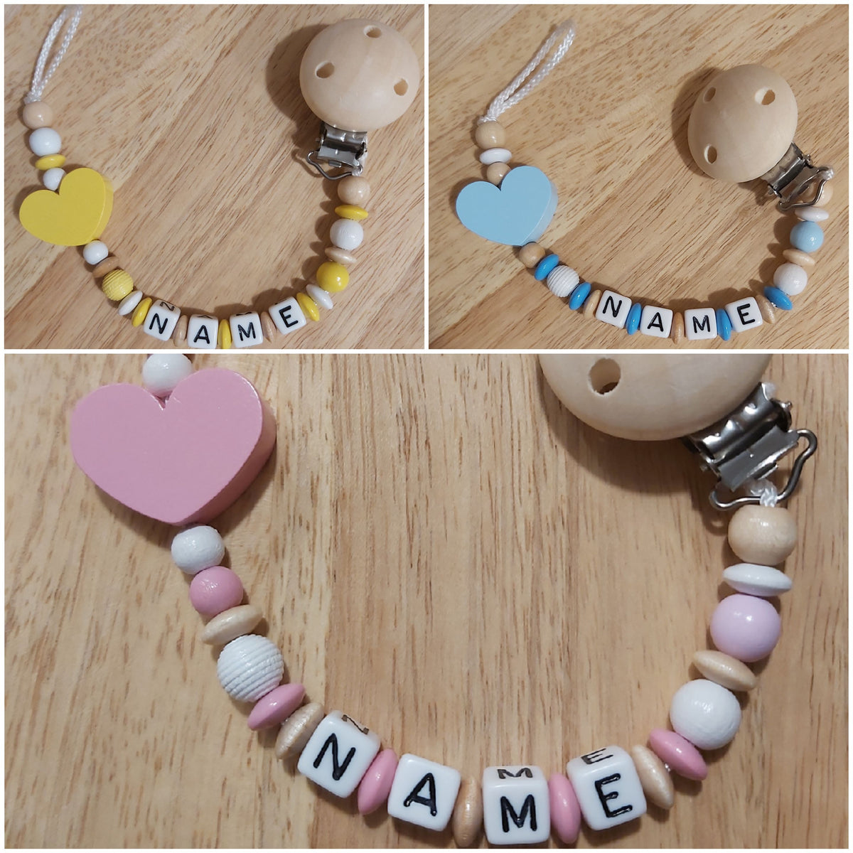 Handgemachte Schnullerkette Herz (Rosa, Blau, Gelb)