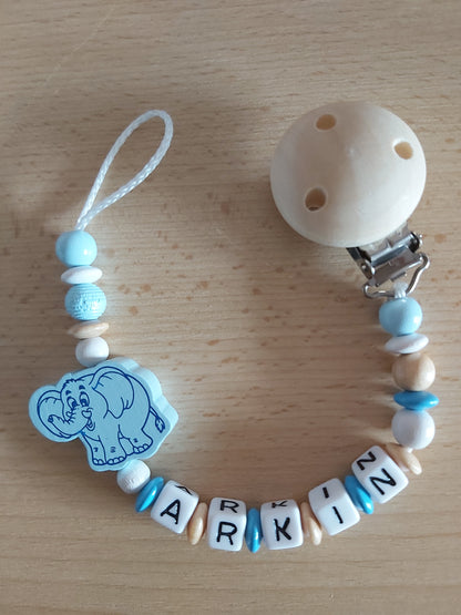 Handgemachte Schnullerkette Elefant (Rosa, Blau, Natur/Gelb)