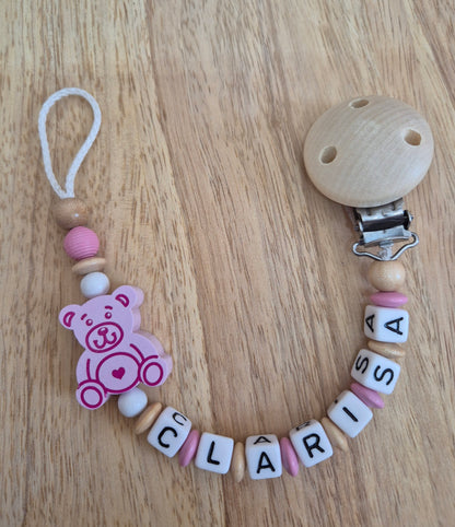 Handgemachte Schnullerkette Bär (Rosa, Blau, Natur/Gelb)