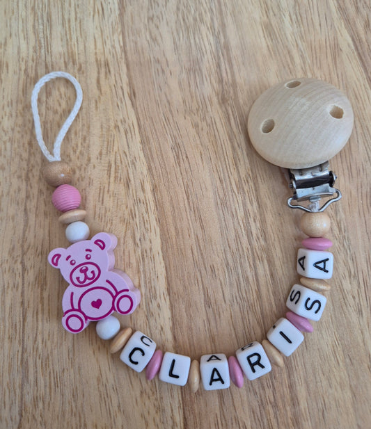 Handgemachte Schnullerkette Bär (Rosa, Blau, Natur/Gelb)