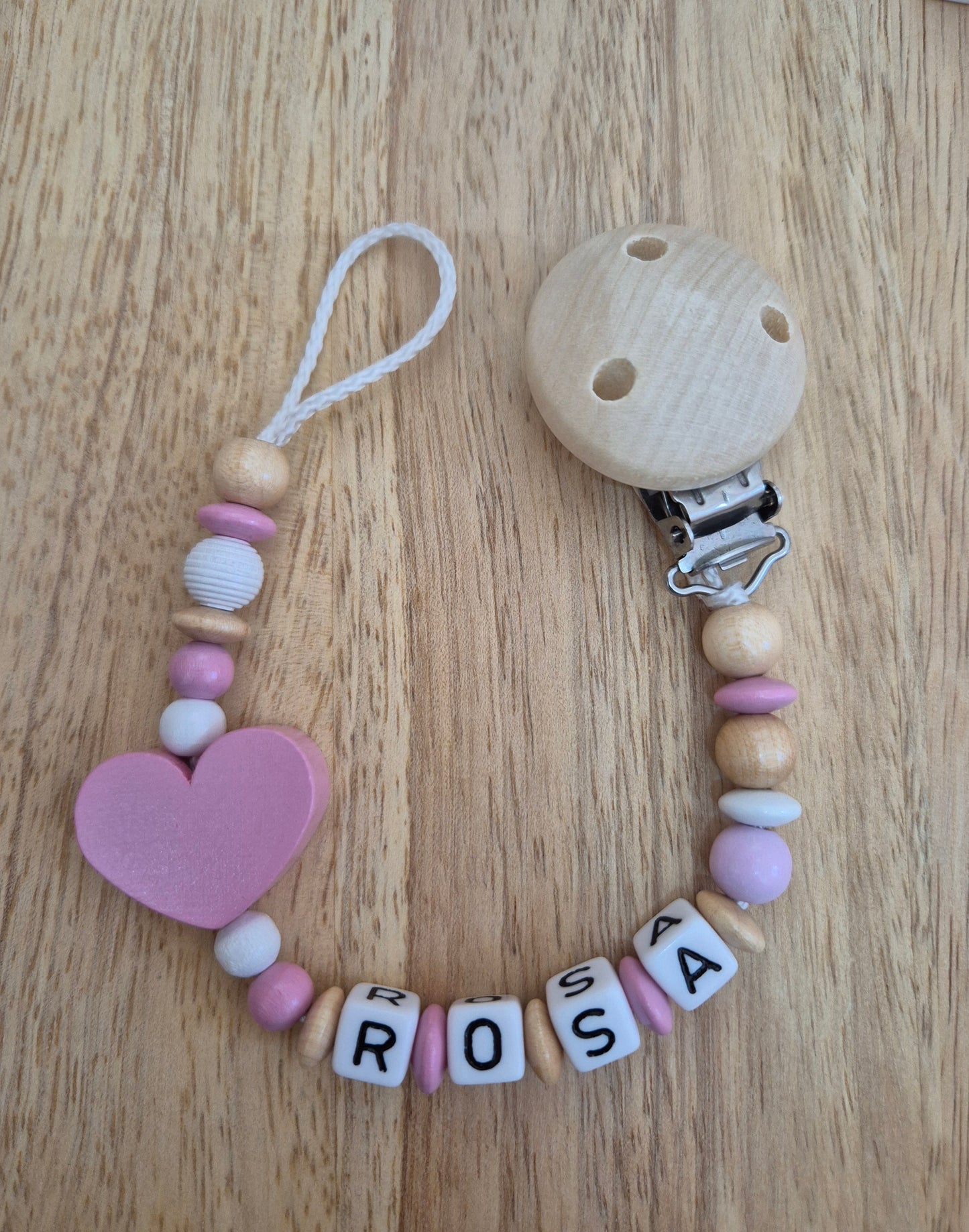 Handgemachte Schnullerkette Herz (Rosa, Blau, Gelb)