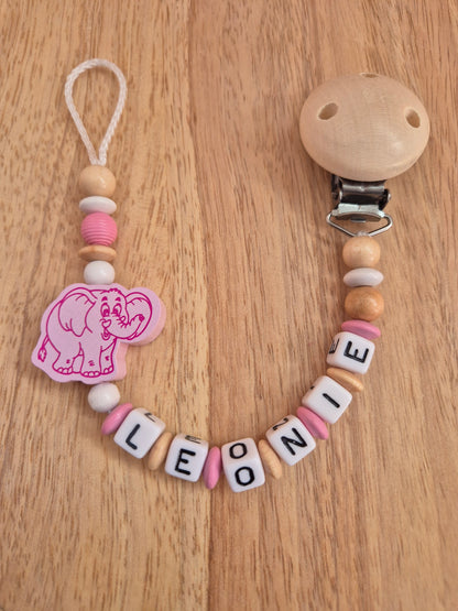 Handgemachte Schnullerkette Elefant (Rosa, Blau, Natur/Gelb)