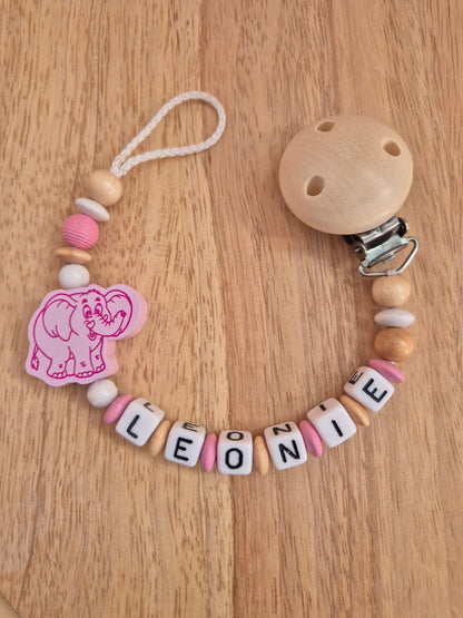 Handgemachte Schnullerkette Elefant (Rosa, Blau, Natur/Gelb)